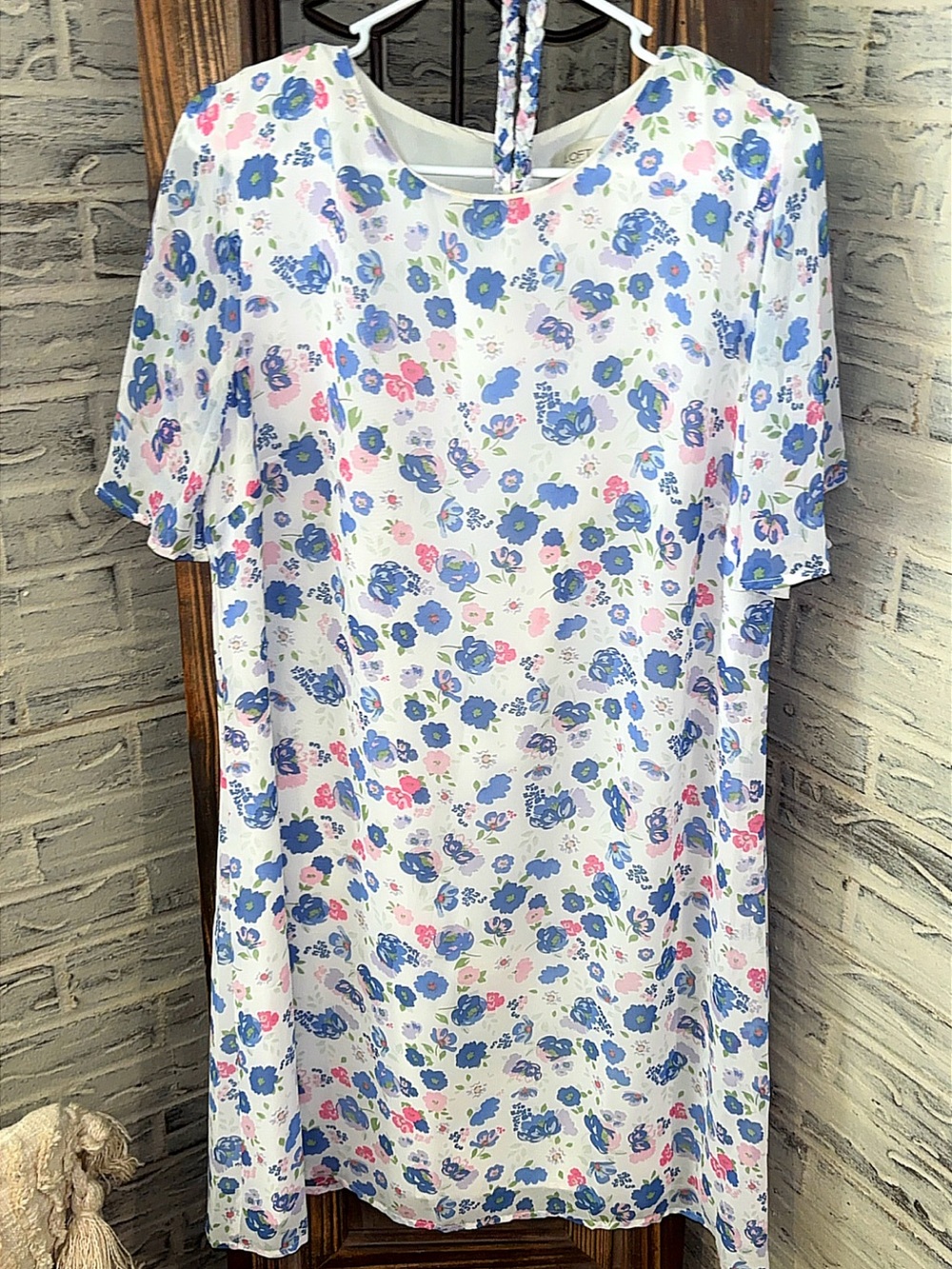 LOFT White Floral Shift Dress with Blue and Pink Flowers